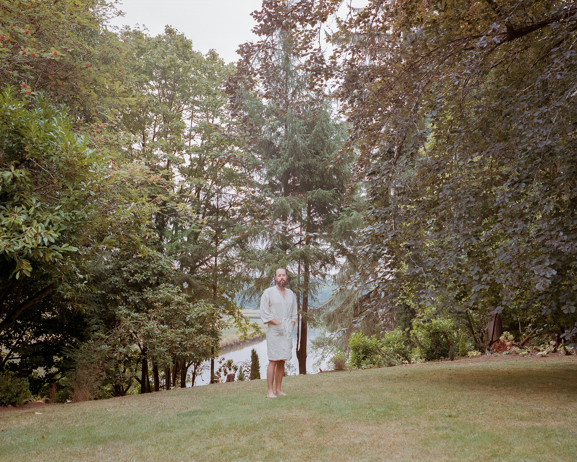 Chris in his robe by the Willipa River - September 2018