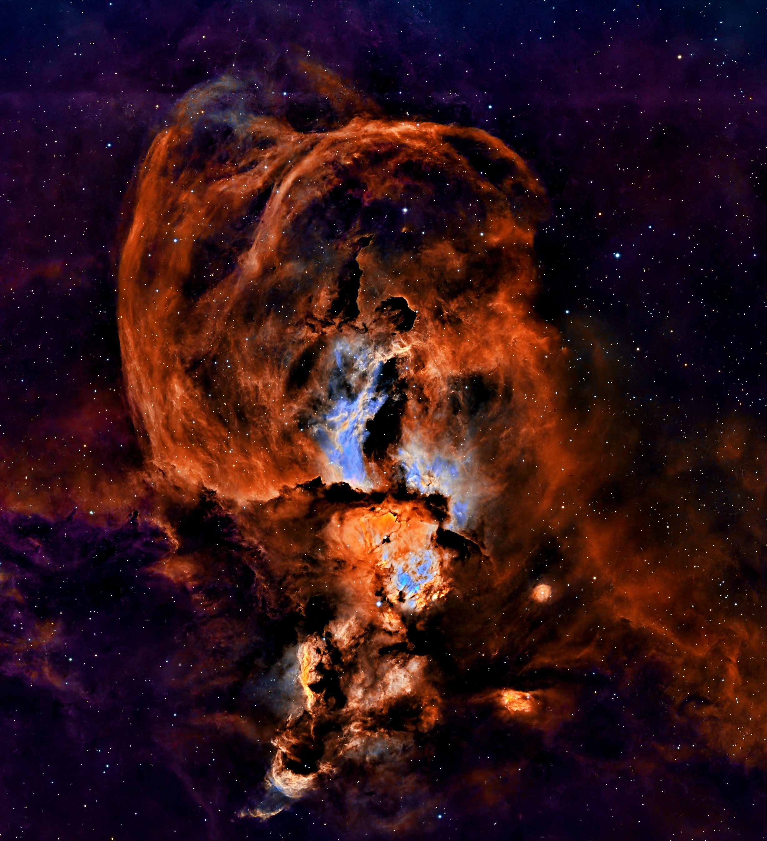 NGC 3576, popularly known as the Statue of Liberty Nebula, is a bright emission nebula and active star-forming region located approximately 9,000 light-years away. As a massive H II region, NGC 3576 is an energetic stellar nursery. The complex and dr