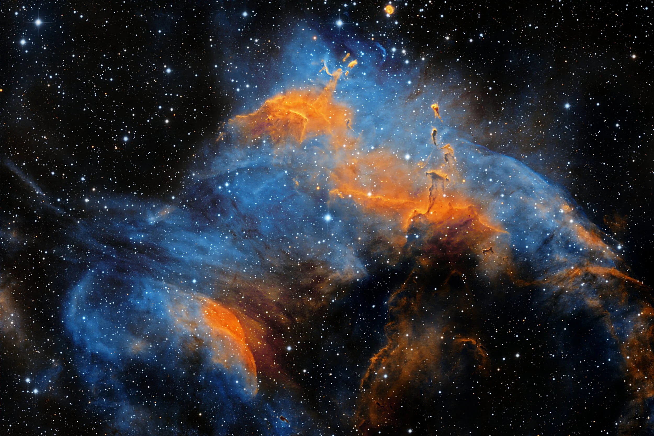 Gum 38 is cataloged as a Cometary Globule (CG) within the Gum Nebula. These are not comets in the solar system sense, but dense, dark clouds of gas and dust that are being shaped by intense radiation.

Cometary Globules are dense cloud cores with lon