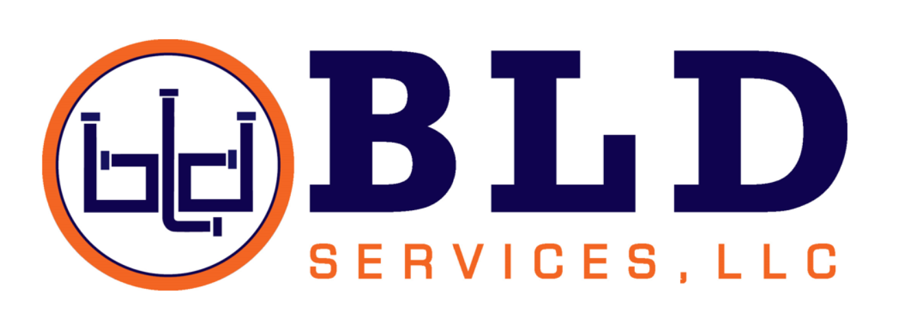 Logo for BLD Services, LLC, with a circular emblem containing the initials BLD, and the company name in bold navy and orange text.