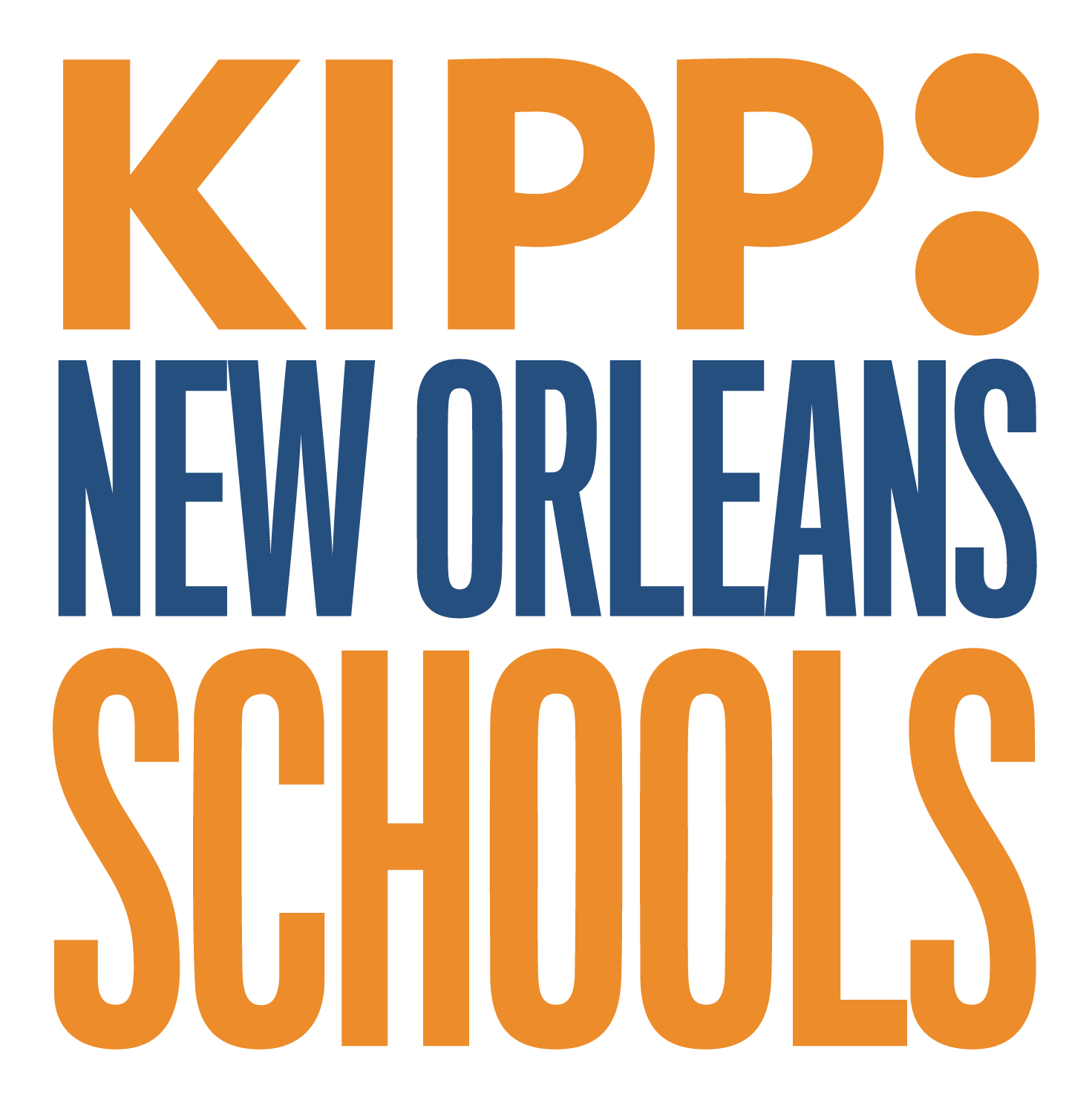 Text graphic reading 'KIPP New Orleans Schools' with 'KIPP' and 'Schools' in orange and 'New Orleans' in dark blue.