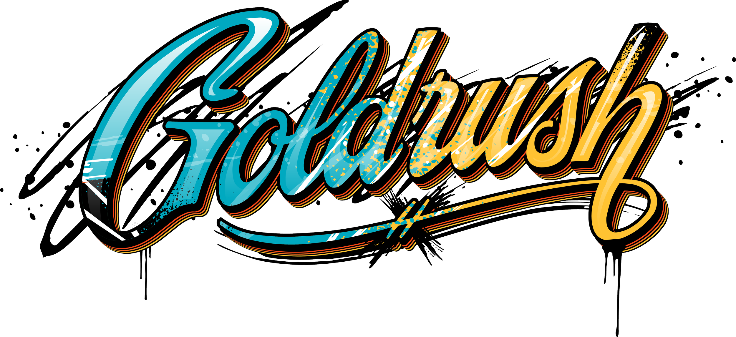 Colorful graffiti-style text that appears to spell 'Goldrush' with a dynamic and artistic design, including splashes and streaks of paint in blue, yellow, black, and white. The logo for a sign, graphics, and wrap shop in Kenner, Louisiana.