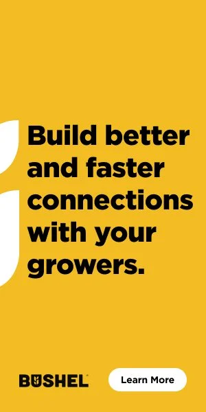 Yellow advertisement with black text that says, 'Build better and faster connections with your growers.' Includes a white button labeled 'Learn More' and the brand name 'Boshel' at the bottom.