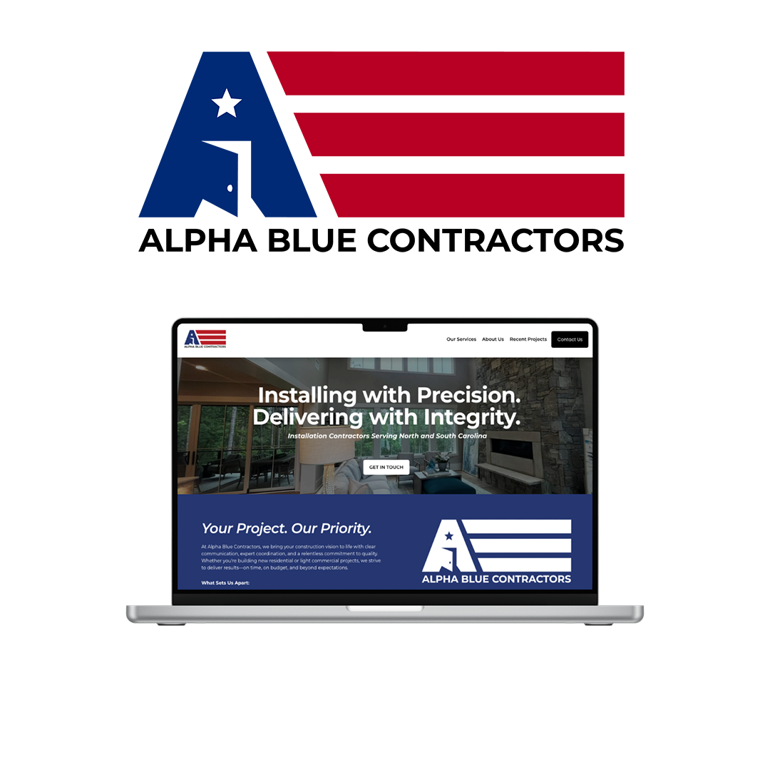Logo of Alpha Blue Contractors with red and blue stripes and a star, displayed above a laptop showing their website with the slogan "Installing with Precision, Delivering with Integrity."