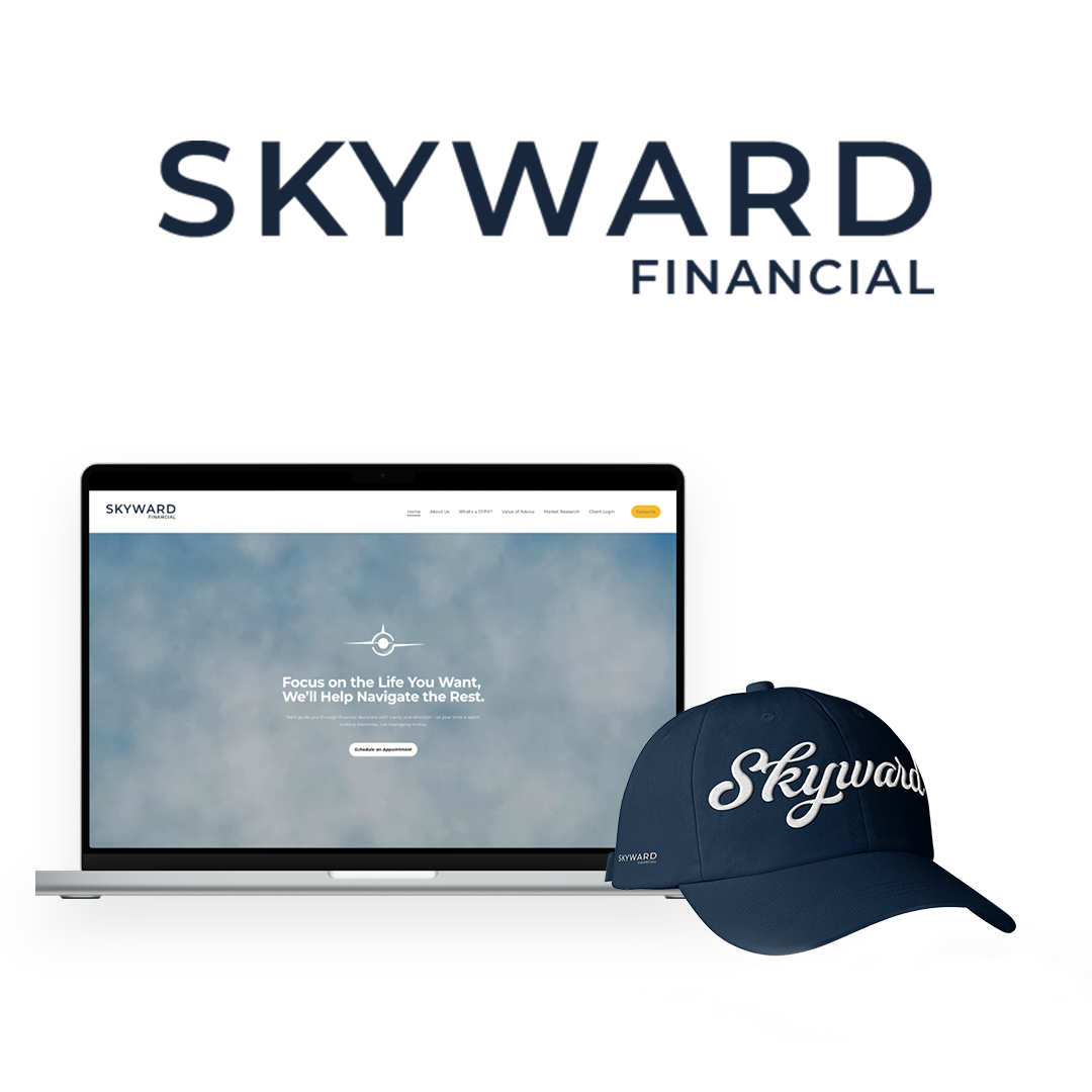 Skyward Financial website on a laptop with a navy blue cap in front, both branded with 'Skyward' written in cursive, against a plain white background.