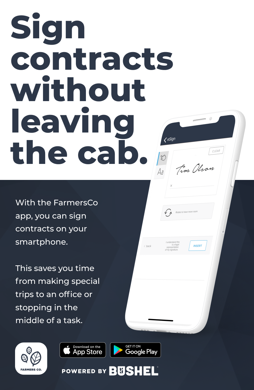 An advertisement for FarmersCo app showing a smartphone with a digital signature on the screen, highlighting signing contracts without leaving the vehicle. The ad emphasizes convenience for making contract signings via smartphone, compatible with App