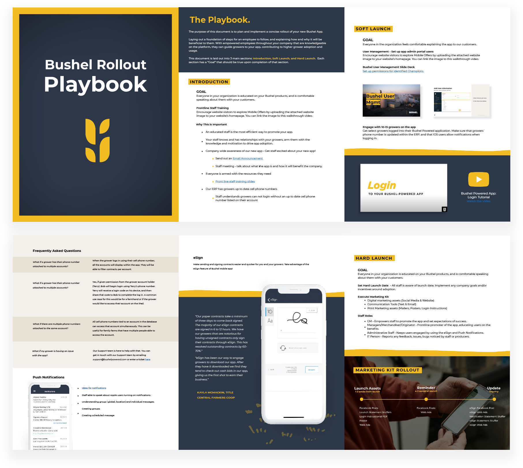 A detailed playbook document titled 'Bushel Rollout Playbook' with sections on introduction, soft launch, hard launch, eSign, and marketing kit rollout, including images of a smartphone, videos, and various interface screenshots.