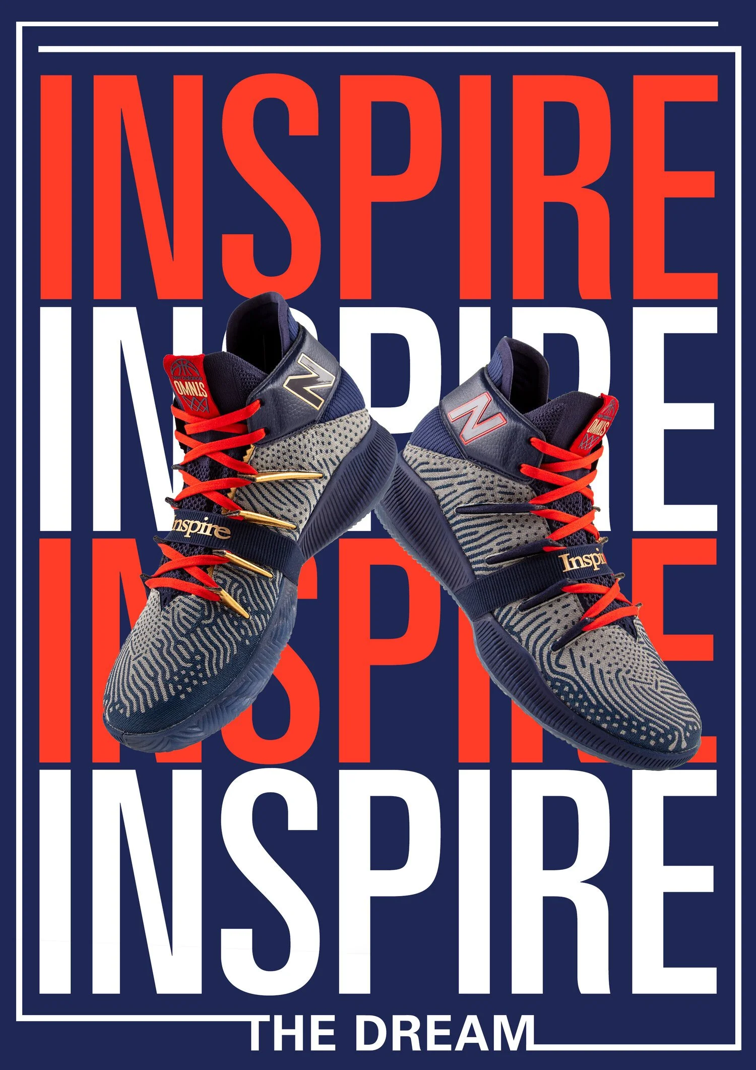 Pair of athletic sneakers with navy blue, red, and gold accents, placed over a background with bold red, white, and blue text reading 'INSPIRE' and 'THE DREAM'.