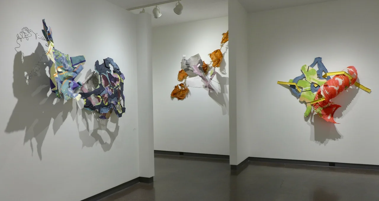 Three works (all 2018) in our recent show (l to r): Summers in Gloucester before and after their loss handmade cast abaca and cotton papers, fencing wire What was left before it, too, was swept away handmade cast abaca and cotton papers, manila rope, pink insulation foam, garden wire Driving cross country with Lil handmade cast abaca and cotton papers with wood, spray paint, duct tape
