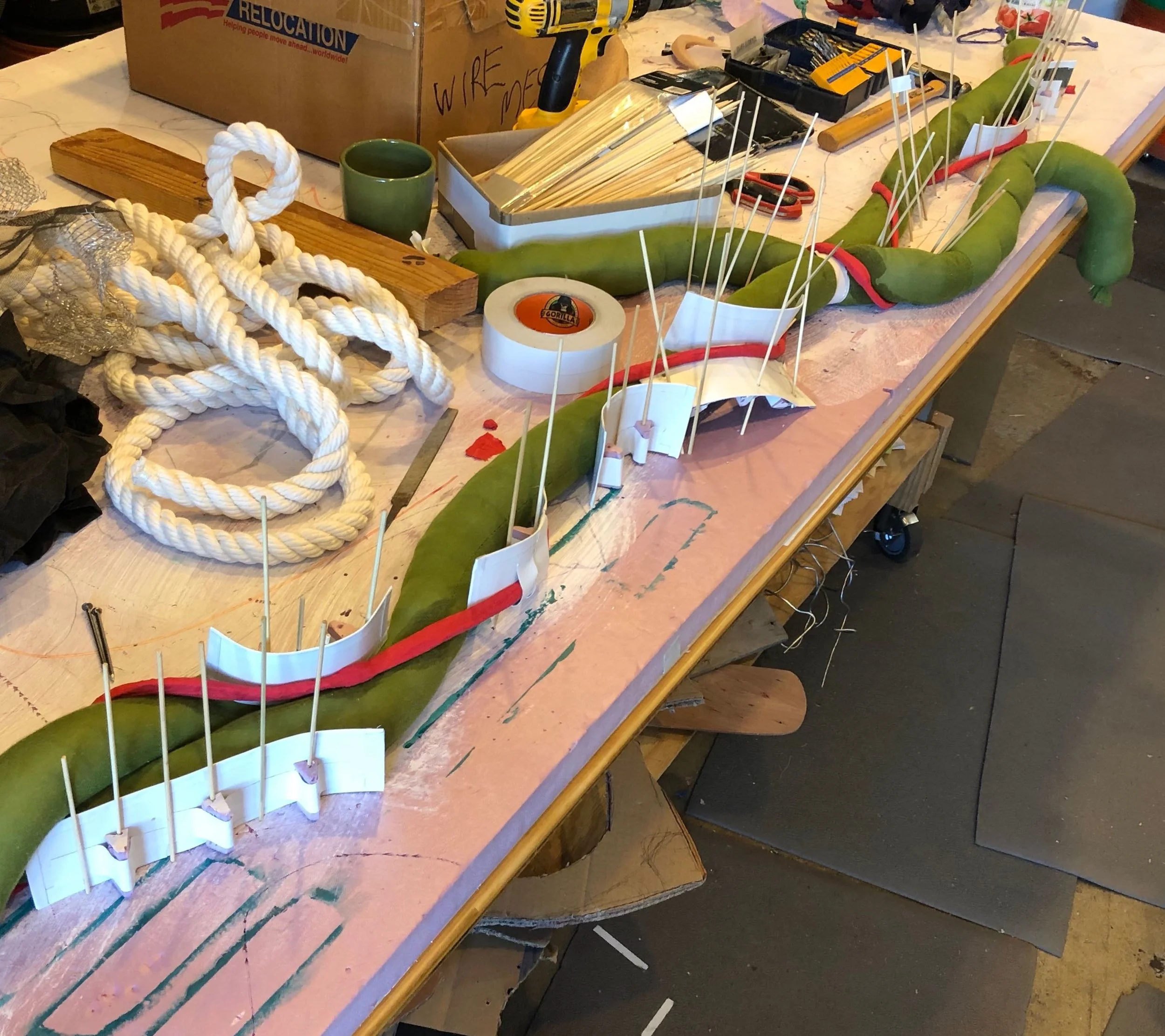 The skewers and fences cut from flashing adapted well to lifting the coil up and around into space, to limit and guide the great shrinking ability of overbeaten abaca.