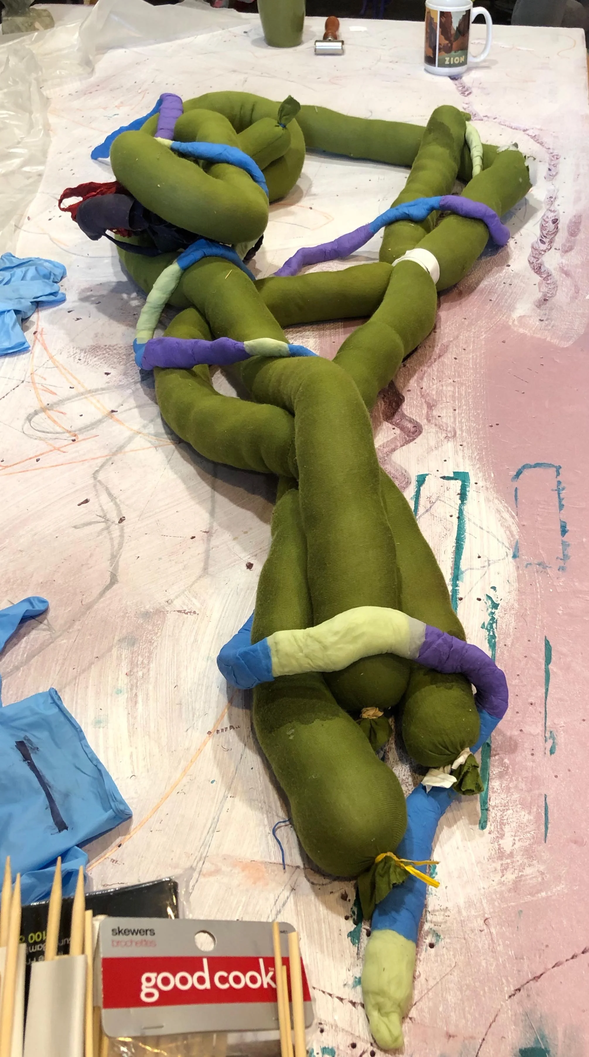 We first positioned the forked coil around the stuffed form.