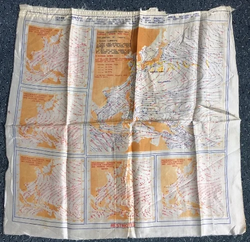 Ocean Currents and Surface Winds for the West Pacific Area, November-April. 18.5" x 18",&nbsp;silk, October 1944. This item from my personal collection is heavily creased, and shows dangling threads, presumably from when it was removed from a flight jacket. The charts were compiled by the 2nd and 3rd Operations Analysis sections, Headquarters of the Far East Air Force. &nbsp;