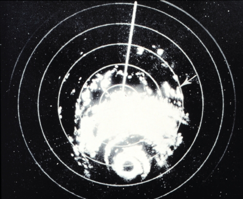 Image of the radarscope at Galveston, as Hurricane Carla approached the Texas coast, September 10, 1961. Digitized by the NOAA Photolibrary . Originally published in Monthly Weather Review , December 1962, p. 515.
