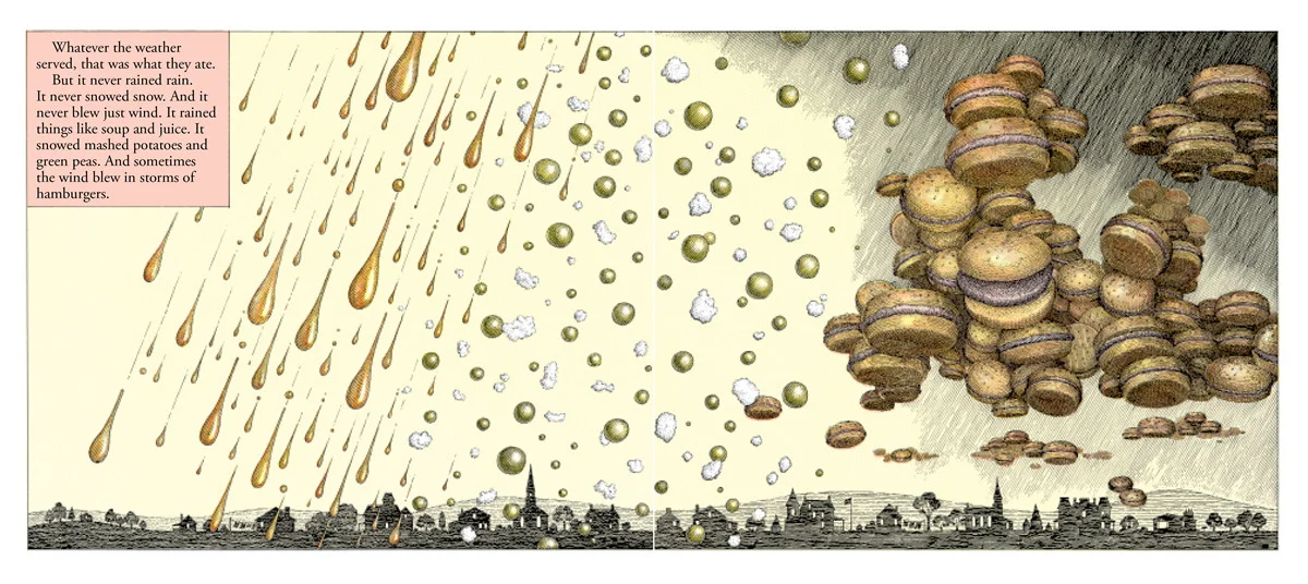 The weather in Chewandswallow before climate change. Illustration by Ron Barrett, image from publisher's promotional website . 
