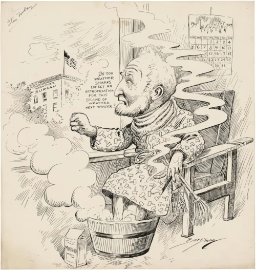House Speaker Joseph Cannon threatens the funding for the US Weather Bureau after getting sick during an unusually cold May, 1907. Cartoon by Clifford Berryman, published in the Washington Evening Star , May 25, 1907, held by the US National Archives .