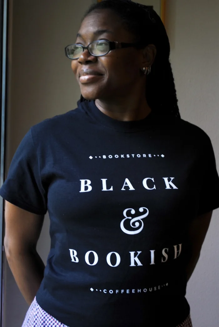 Lisa in the original Black and Bookish shirt