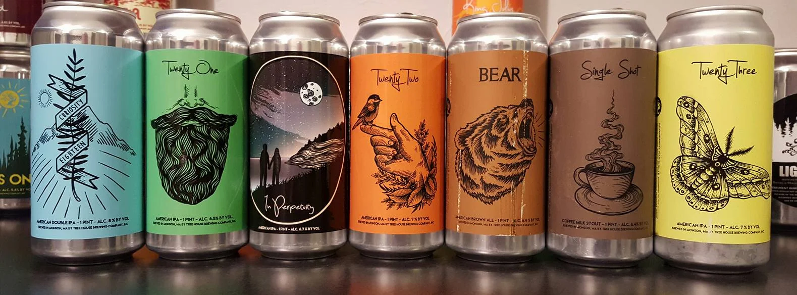 An All-Star lineup of Dean's Tree House cans. Curiosity 18, Curiosity 21, In Perpetuity, Curiosity 22, Bear, Single Shot & Curiosity 23