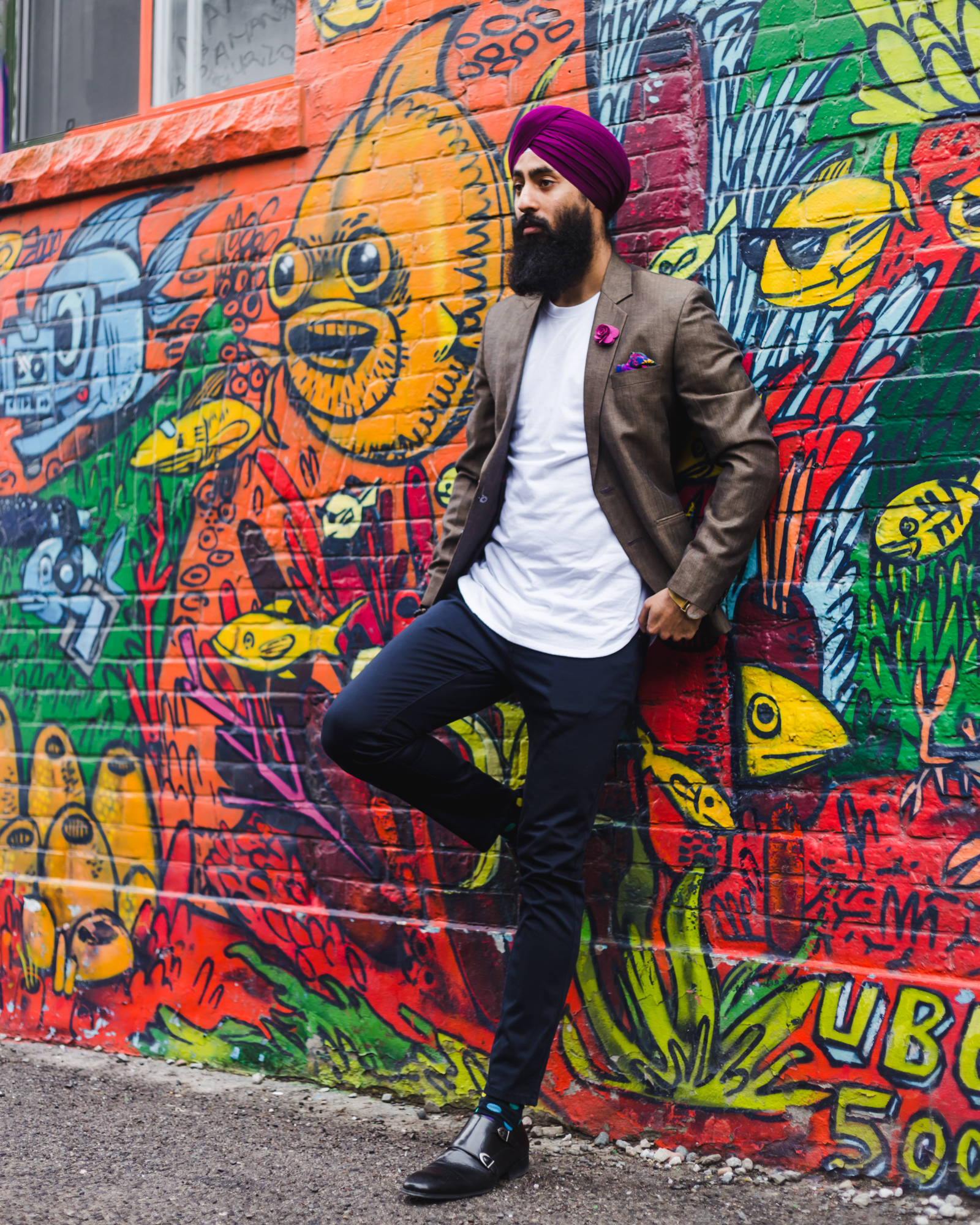 Styled By Harj mixing street and formal with his staple splat of coloured accessories and turban.