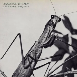 Close-up black and white photograph of a grasshopper with a handwritten note that reads 'Creature of Habit  from Courtney Barnett.'