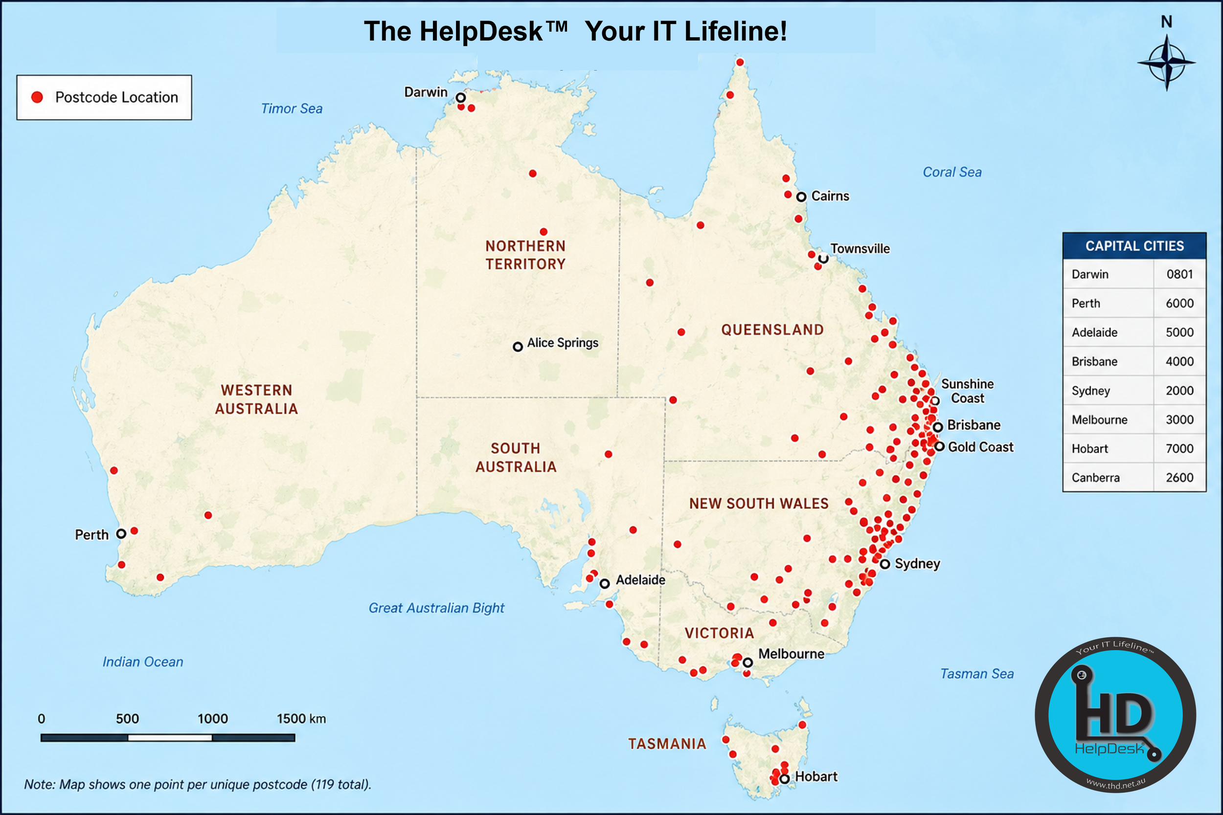 IT support coverage map Australia showing postcode service areas across Brisbane, Sunshine Coast, Sydney, and Melbourne for business IT services.