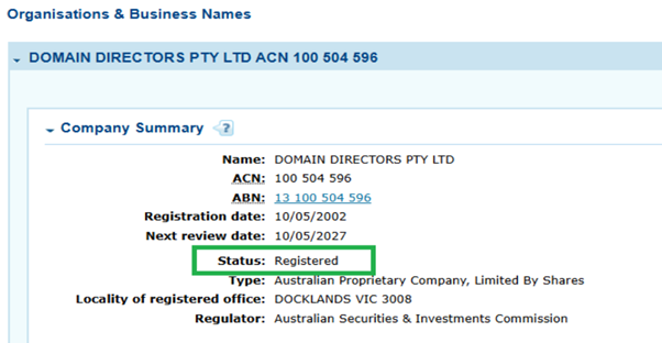 ASIC Connect Record Organisations & Business Names Sample