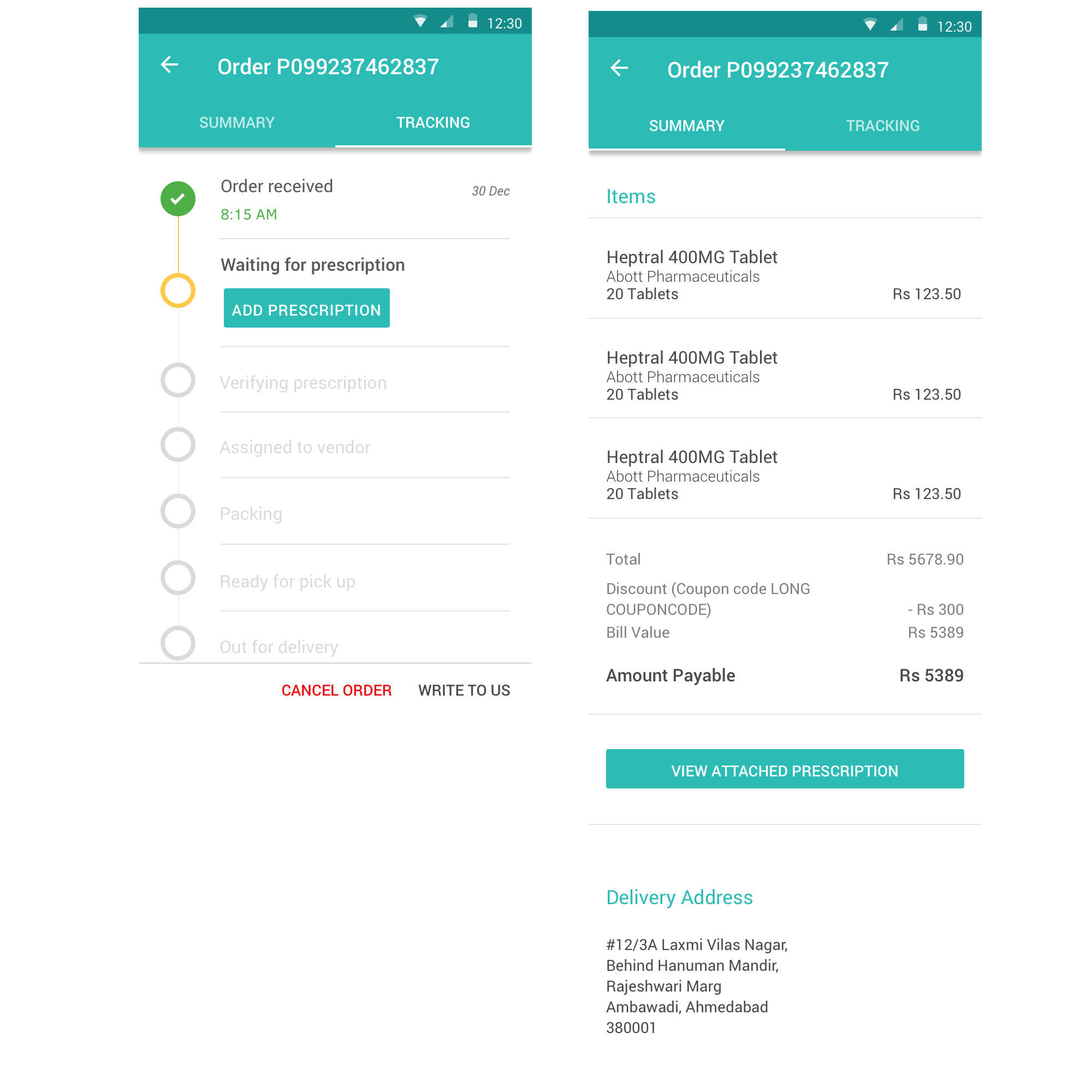In the order details, we included two tabs - a summary and tracking. In an active order, tracking was most important and was shown by default. For a completed order, we provided order details by default. User testing showed the iteration was a significant improvement, but the tabs resulted in inconsistent flow for the user.
