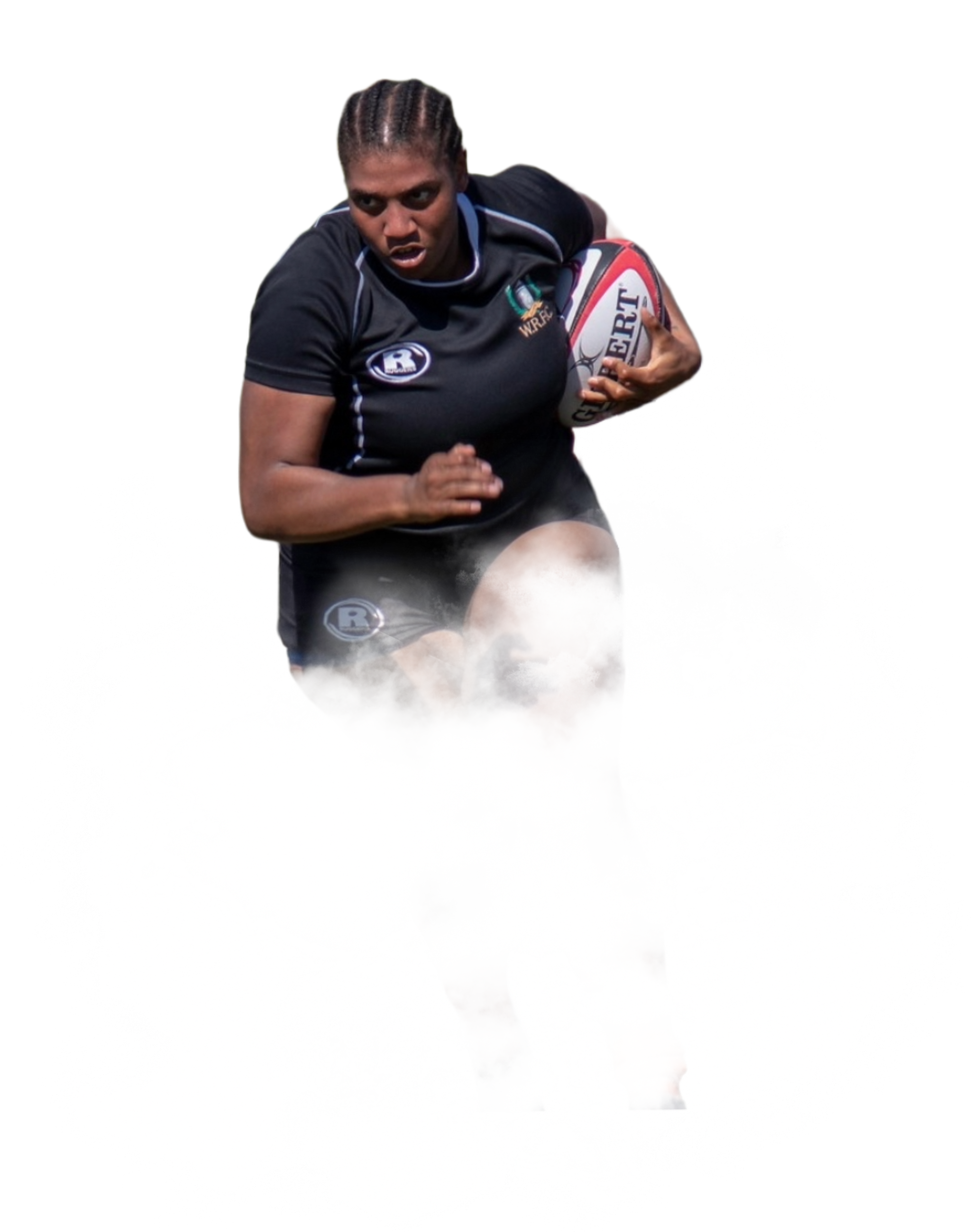 woman running with rugby ball held to her chest