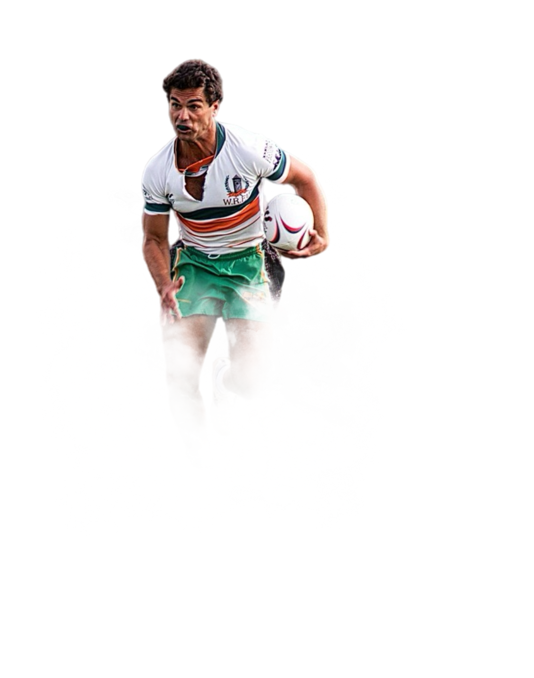 older man running with rugby ball