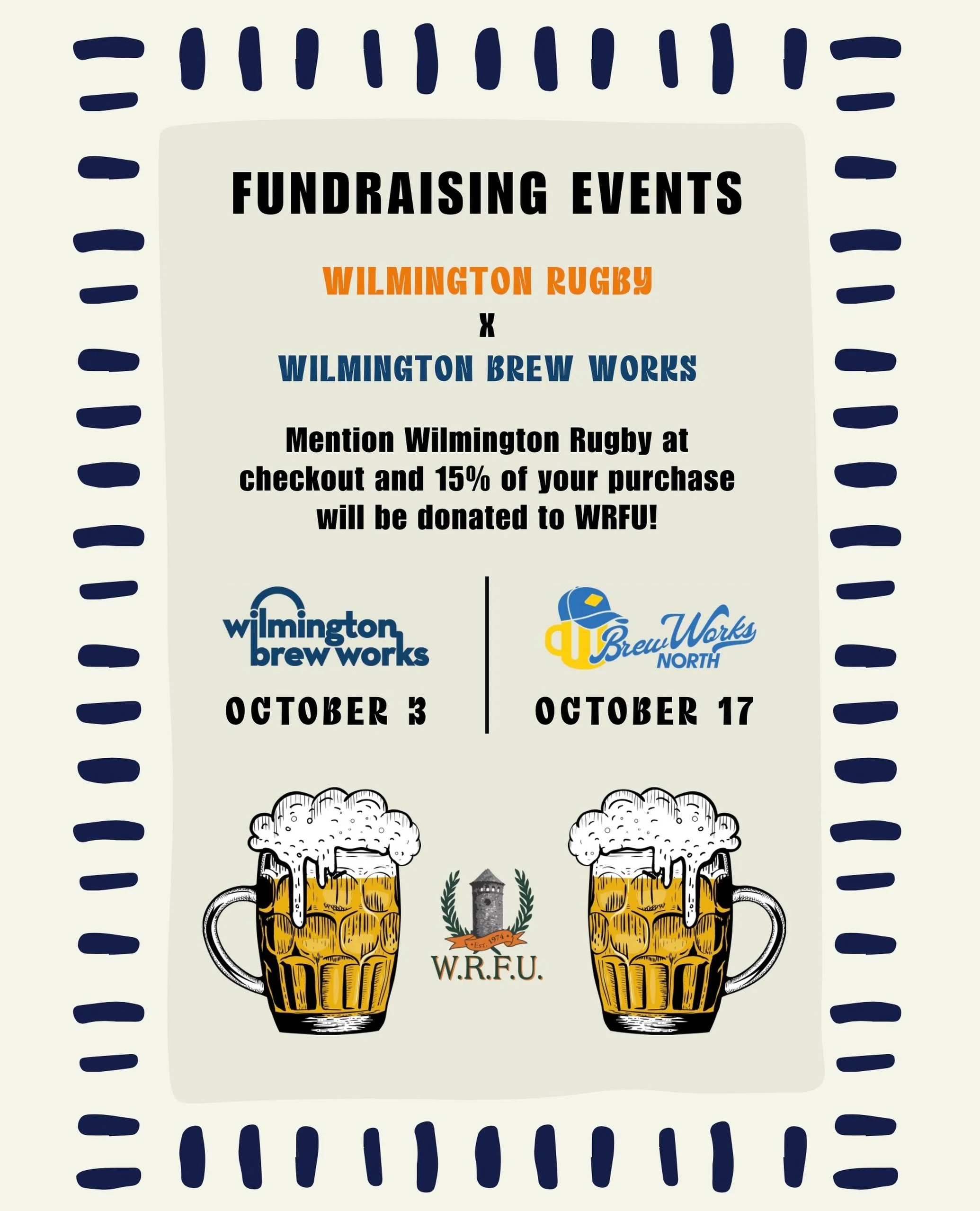 Support WRFU and our favorite local brewery this October! After our last two home matches, we&rsquo;re holding fundraising events at  @wilmingtonbrewworks on October 3rd and @brewworksnorth on October 17th. Mention Wilmington Rugby at checkout and 15