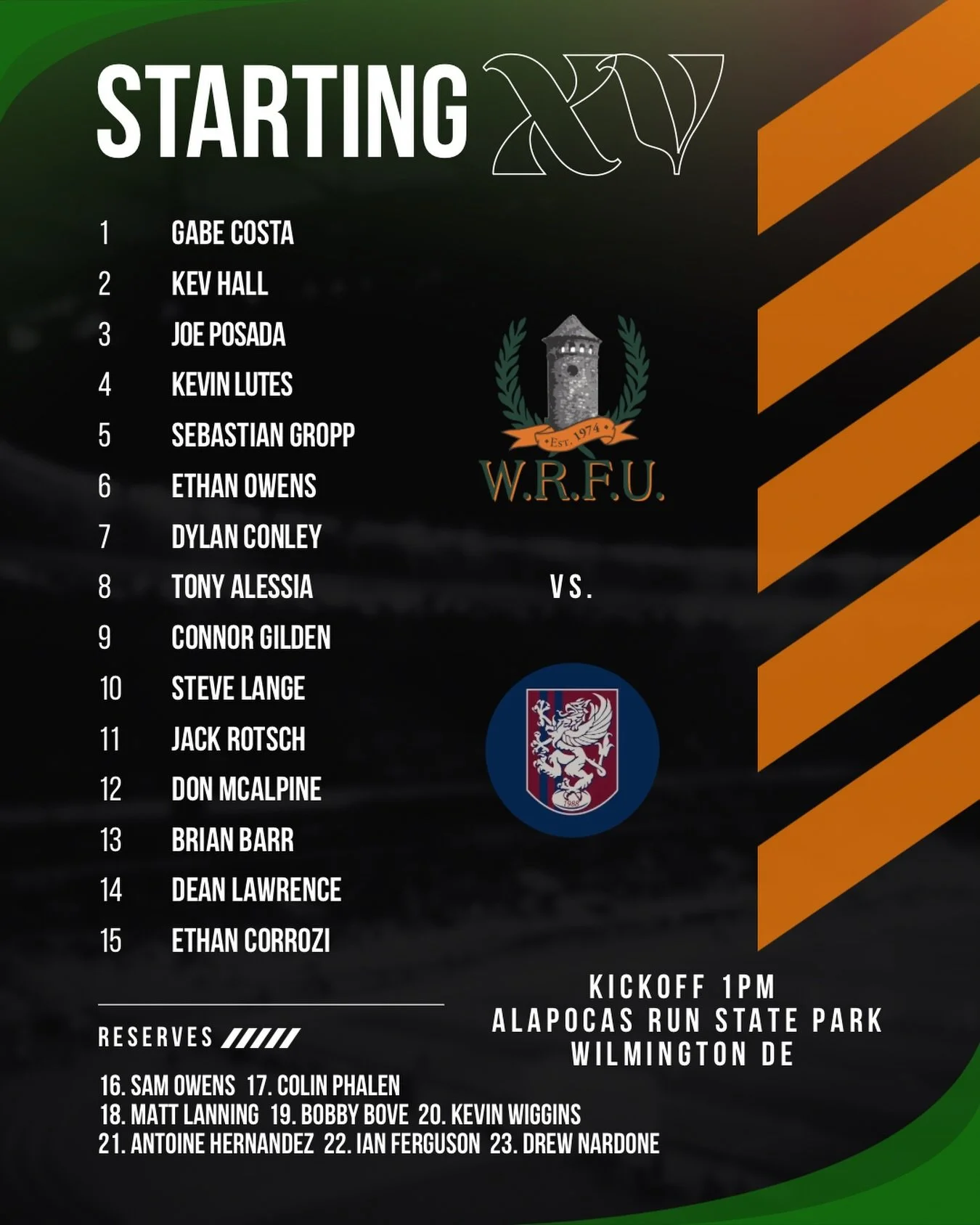 Tomorrow&rsquo;s lineup against @montbucksrfc. Kick off is at 1PM at Alapocas and we&rsquo;ll be at Wilmington Brew Works afterwards!