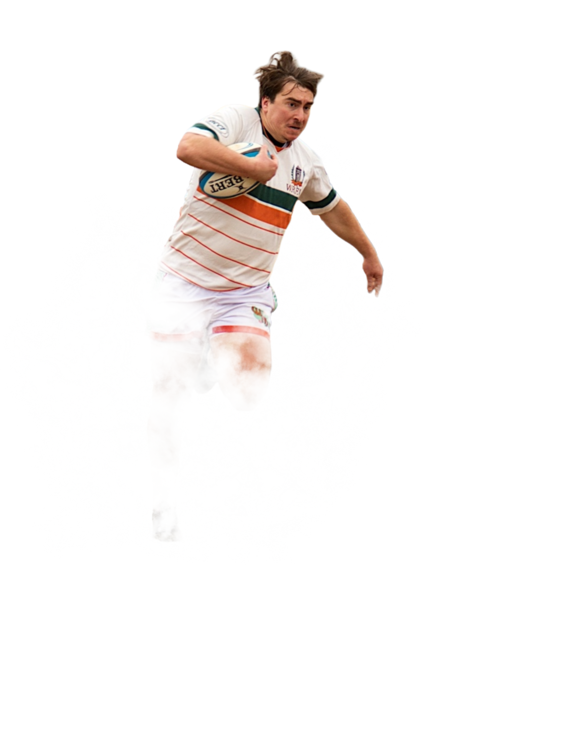 man running with rugby ball held to his chest and other arm extended out