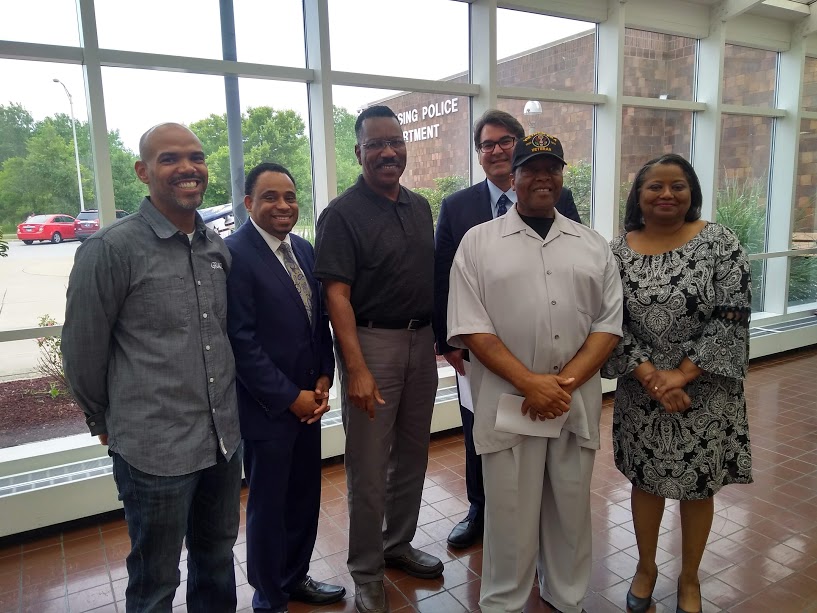 From right to left: Michelle Ford, Rev. David Bigsby, Aneel Chablani, Elvis Slaughter, Don McGruder, and Rev. Leroy Childress negotiated for a final MOU between Lansing Village and Police Department officials, the Lansing Community Coalition, and the South Suburban Branch of the NAACP.