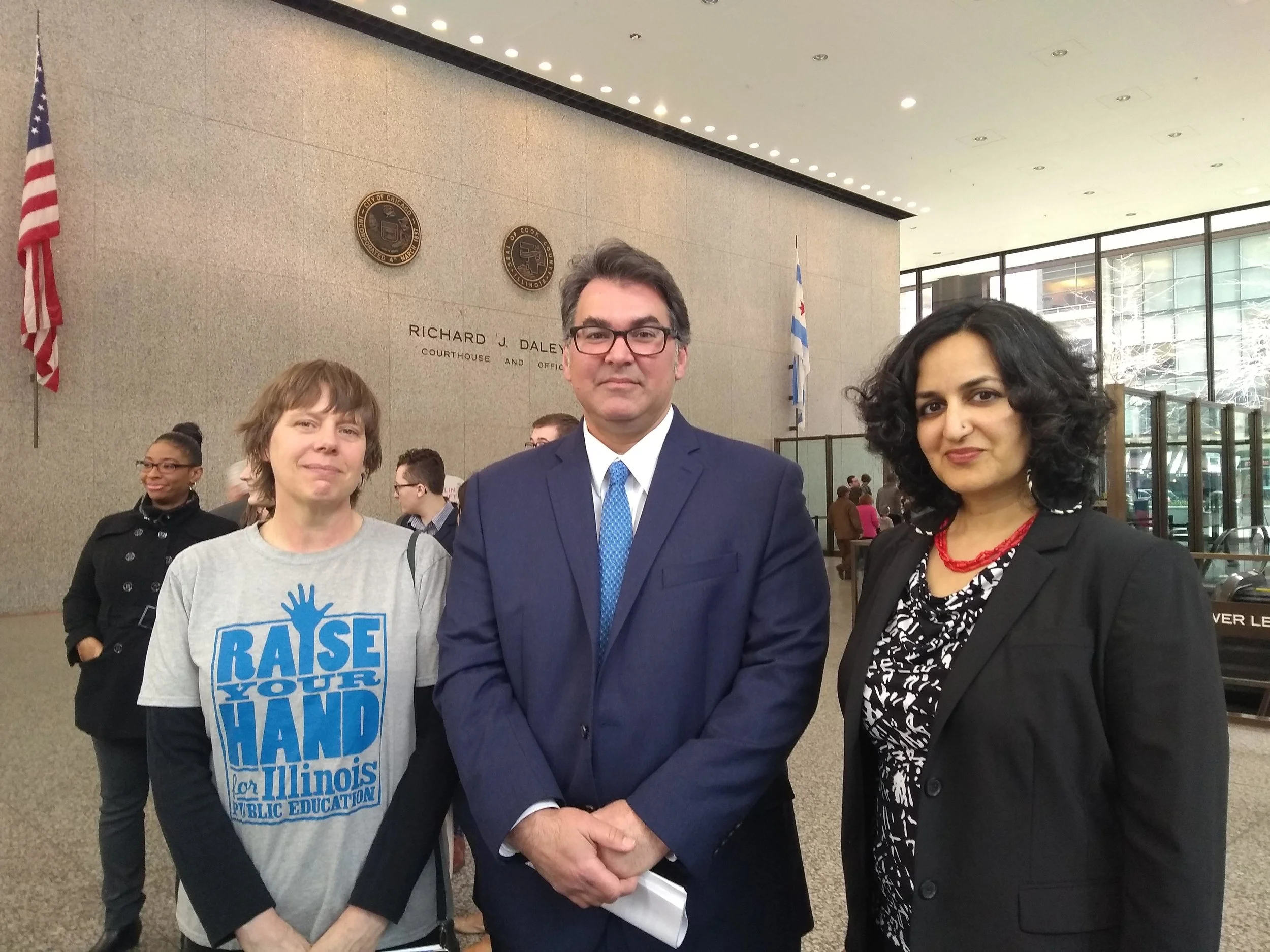 Left to right: Joy Clendenning of Raise Your Hand, Aneel Chablani of Chicago Lawyers’ Committee, and Amisha Patel of Grassroots Collaborative on the morning of the lawsuit’s court filing.