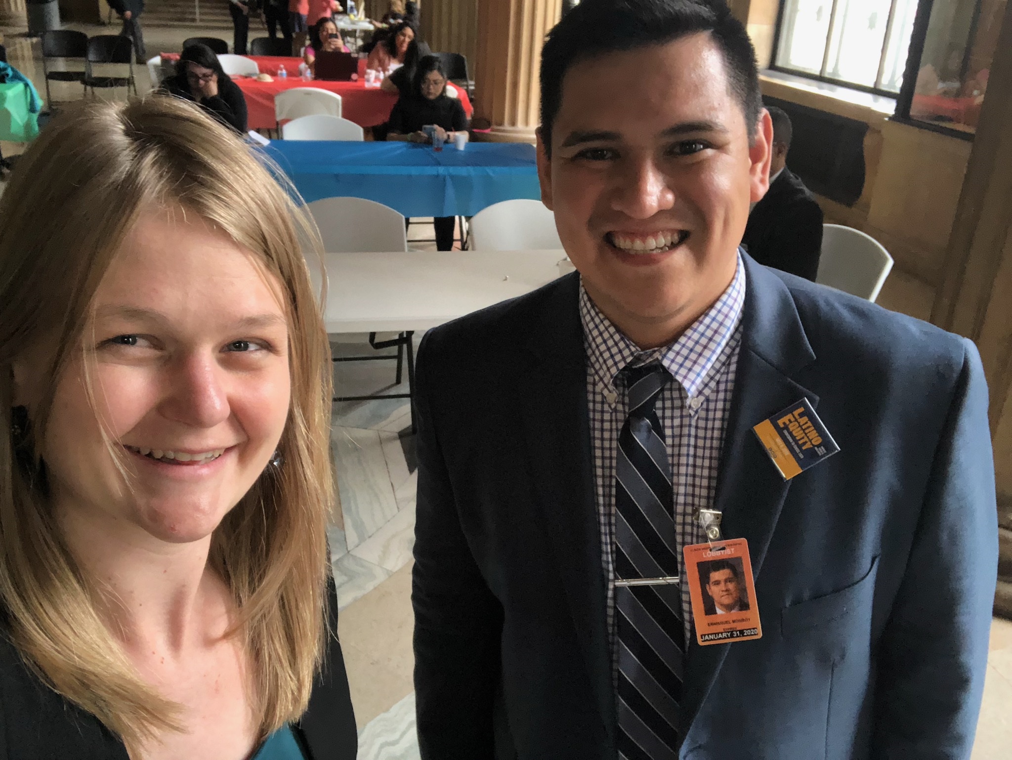 Attorneys Jenny Terrell of Chicago Lawyers’ Committee and Steven Monroy of MALDEF in Springfield.