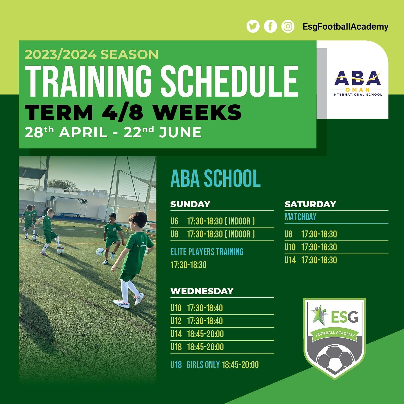 ESG Football Academy Term 4 registration is officially open and ready for you to book your place.

As always registration is first come first serve.

Due to the increase in temperature, kindly note that all our younger age groups will be INDOOR  sess