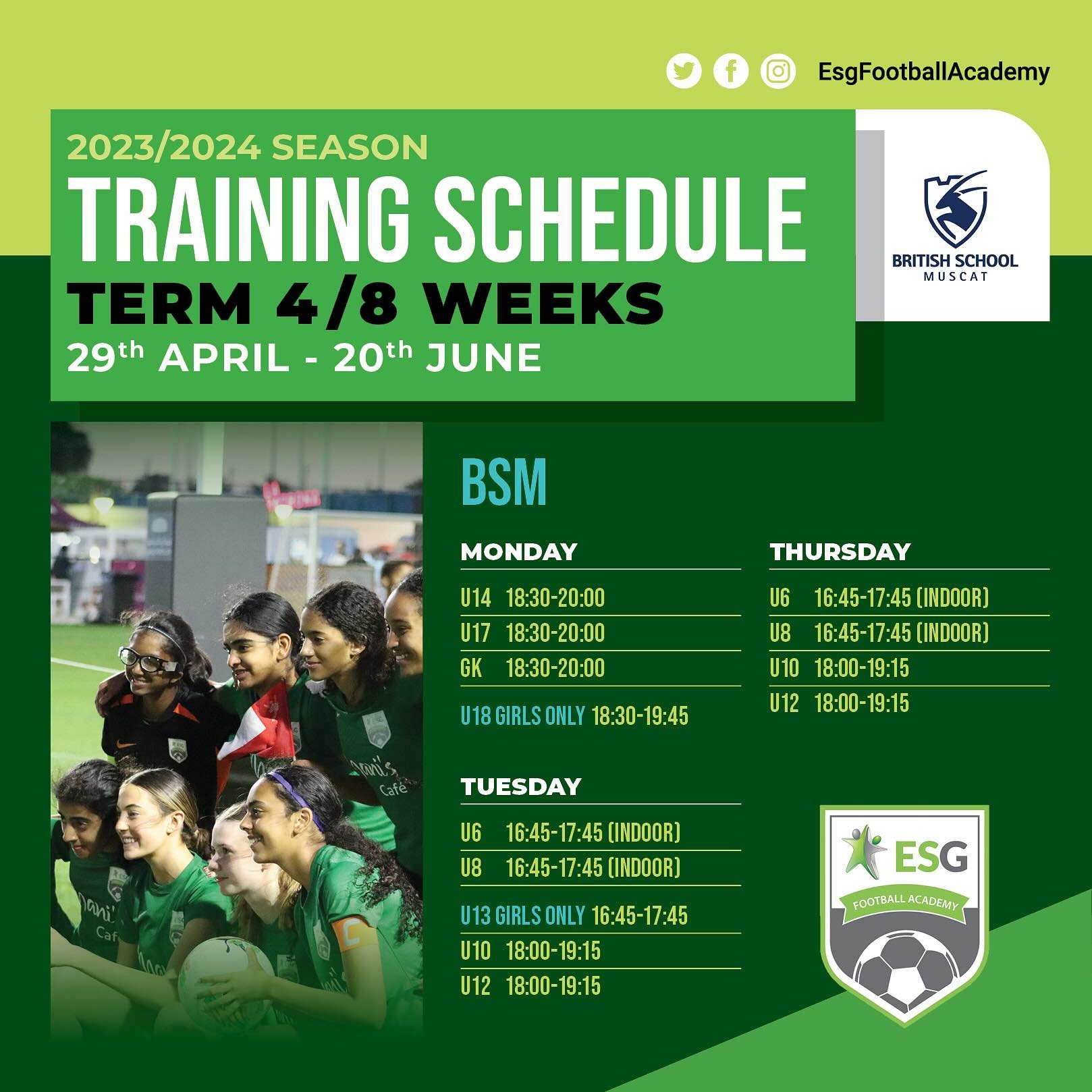 ESG Football Academy Term 4 registration is now open and ready for you to book your place.

As always registration is first come first serve.

Due to the increase in temperature, kindly note that all our younger age groups will be Indoor sessions and