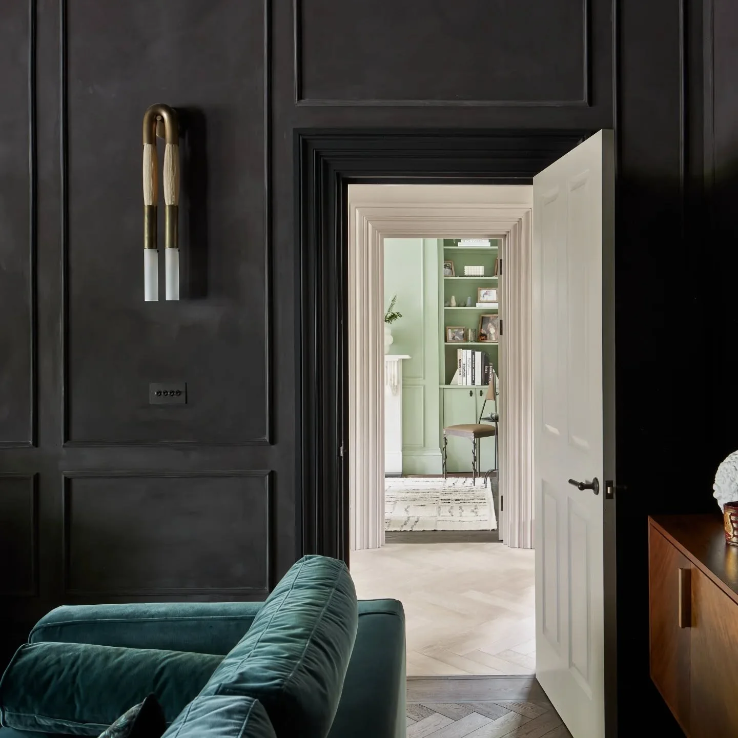 &bull; S I G H T L I N E S &bull; 
From dark to light, rough to smooth, I love the way these doorways entice you from one room to the next. From the stunning games room with its textural black limewash walls, to the entrance hall with its warmth and 