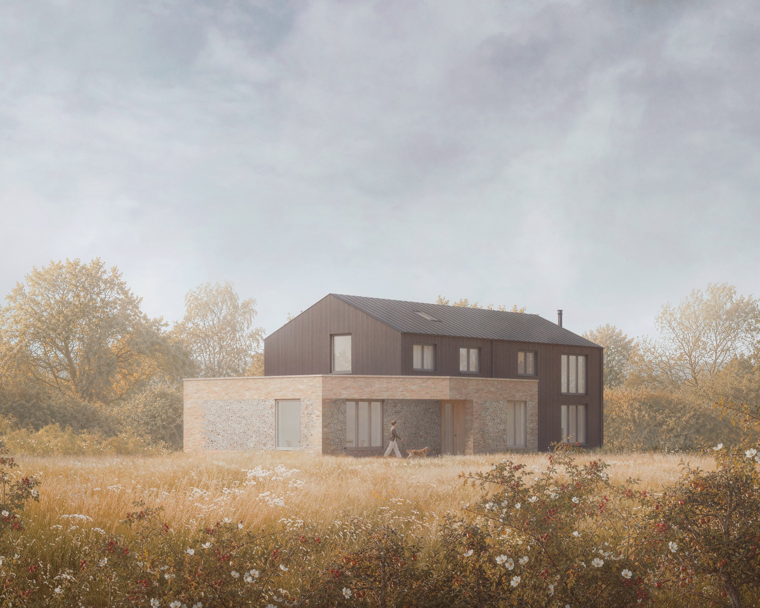 A rendered Architectural visual of a contemporary farmhouse new build project in the Suffolk countryside