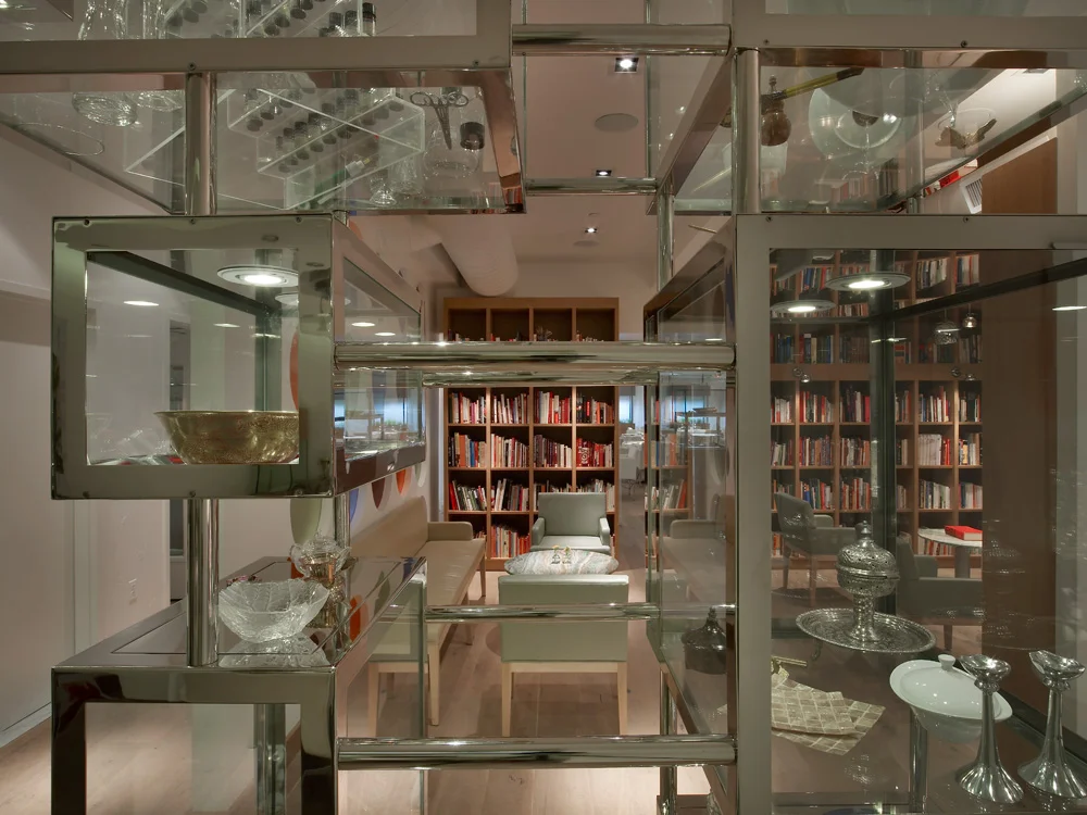 View of The Library through glass shelves