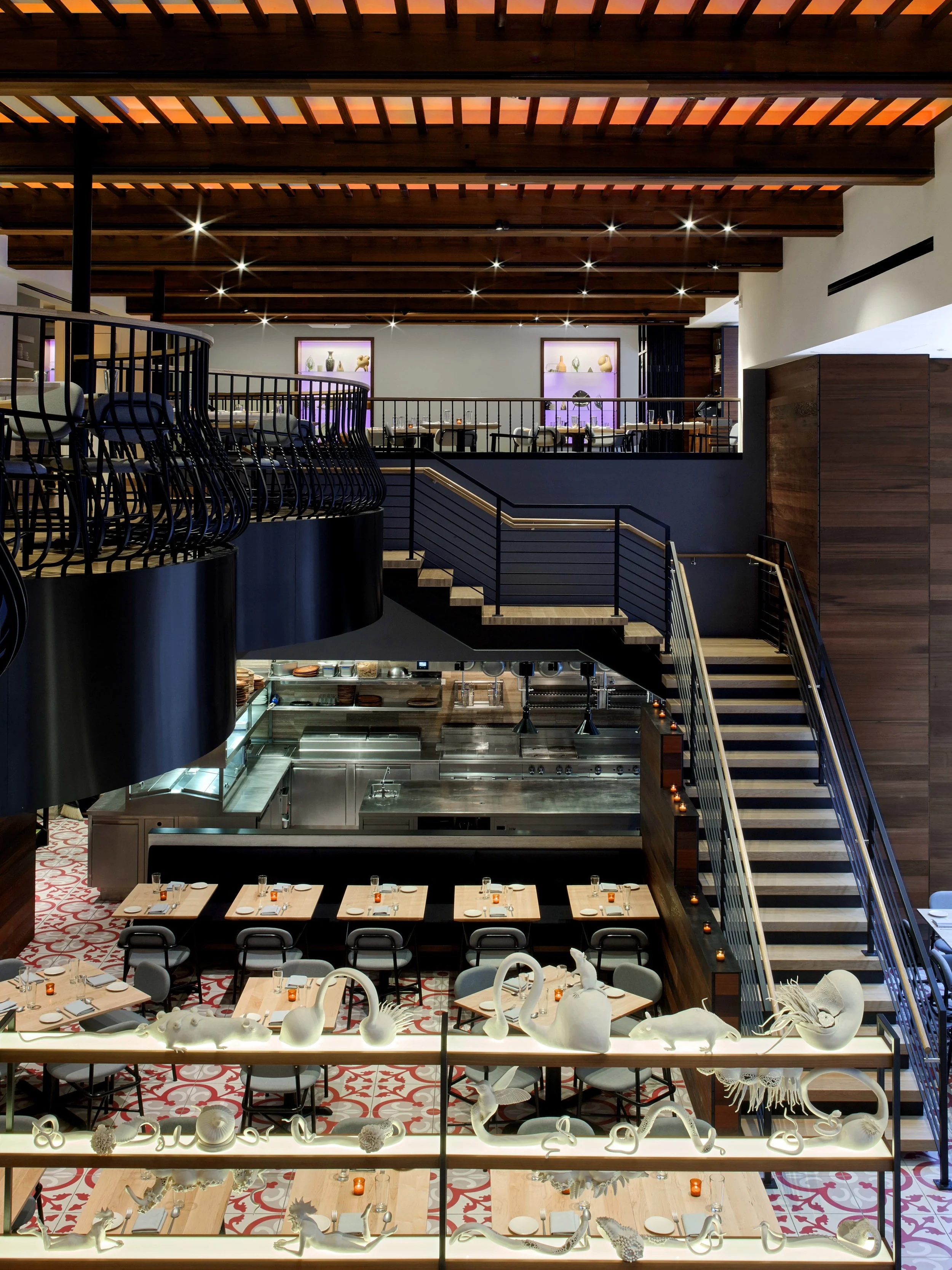Restaurant stairwell and shelf design