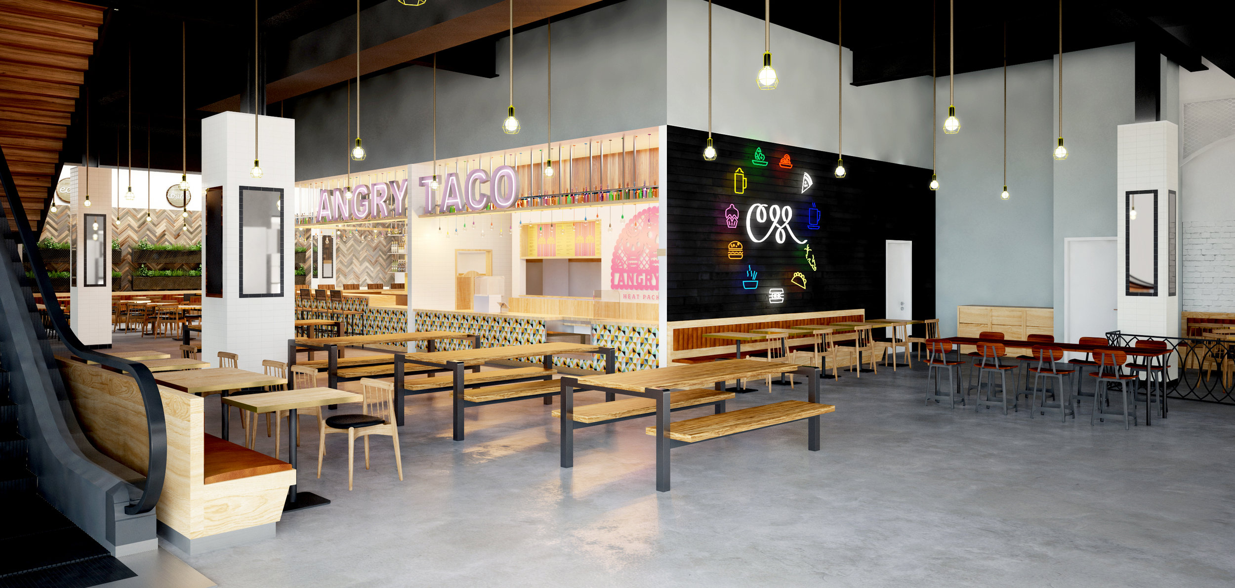 Food hall bench seating interior design layout