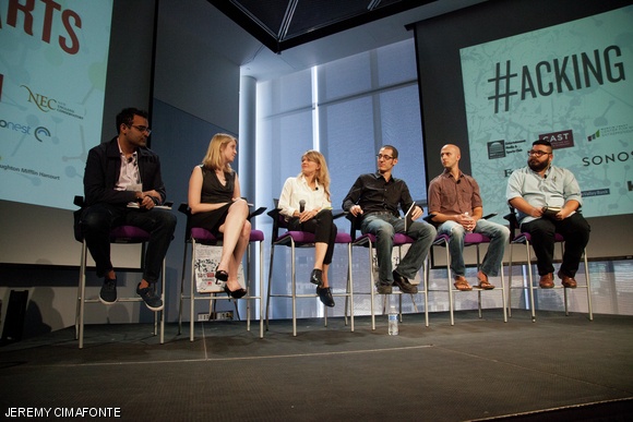 The Digital Canvas: Art Beyond Gallery Walls Panelists from left: Aditya Julk, Lindsay Moroney, Kelly Sherman, Sam Aquillano, Jeff Lieberman, and Evan Garza. Photo: Jeremy Cimafonte