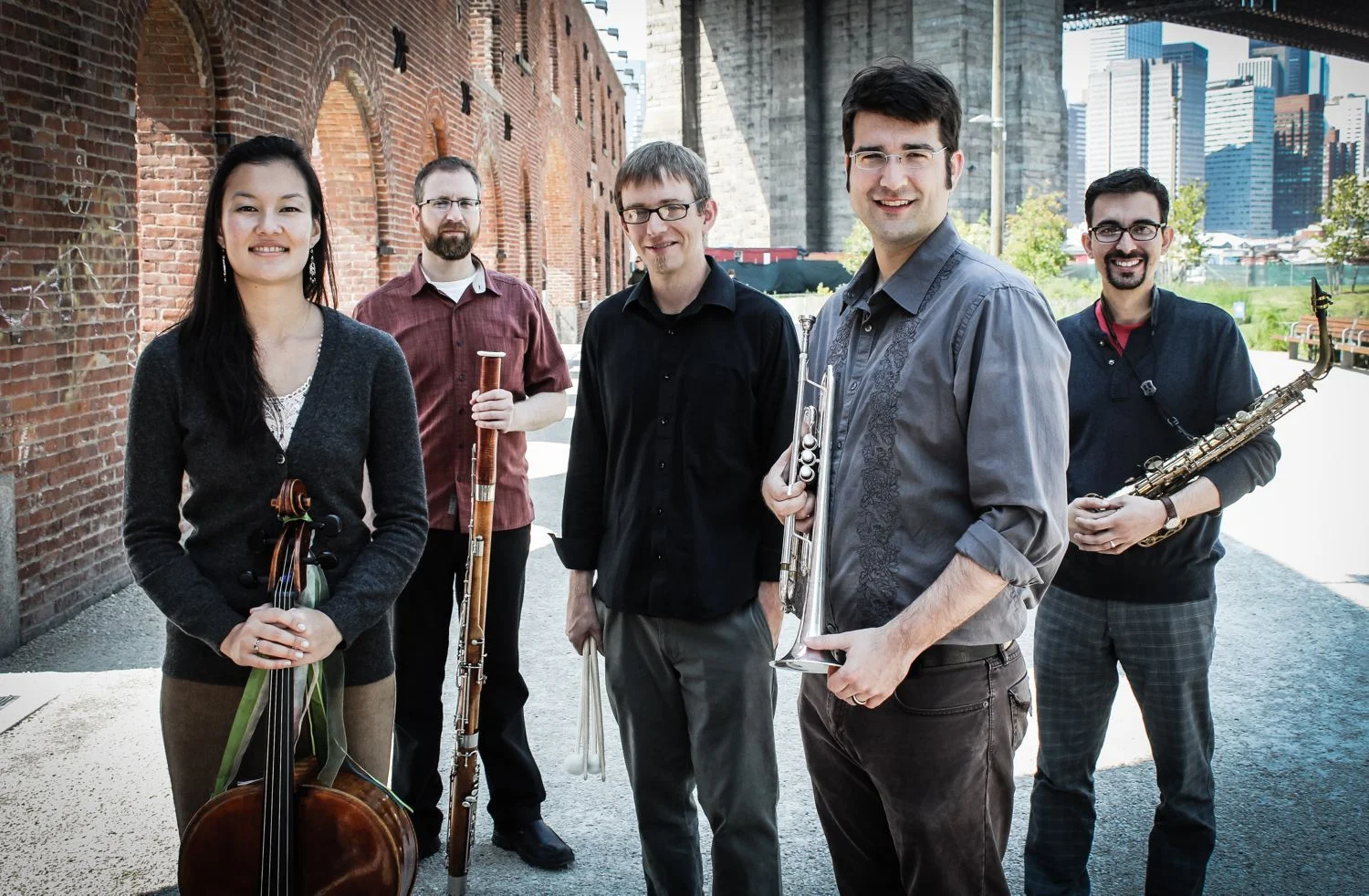 Douglas Detrick’s AnyWhen Ensemble: Shirley Hunt, cello; Steve Vacchi, bassoon; Ryan Biesack, drums; Douglas Detrick, trumpet; Hashem Assadulahi, saxophone. Image by Eric Vitale