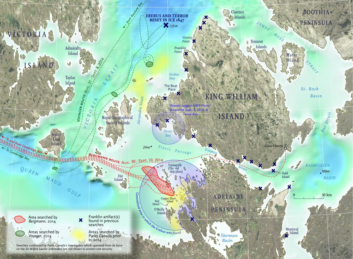 Map showing the search routes for Sir John Franklin’s lost (and recently found) ships. The larger, more southern blue circle indicates the area that Erebus was found, whereas the smaller more northern blue circle indicates the area that the Terror has allegedly been found. (Map: Chris Brackley/Canadian Geographic)