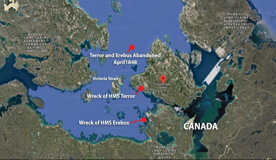 Map showing the location of the ship wrecks in relation to where they were known to be abandoned and King William Island where most of the crew artifacts have been found.