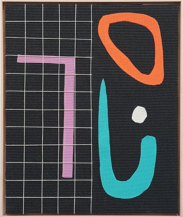 Bright Lights hand-cut PVC yoga mats and twine on wood panel 24x20 inches 2016