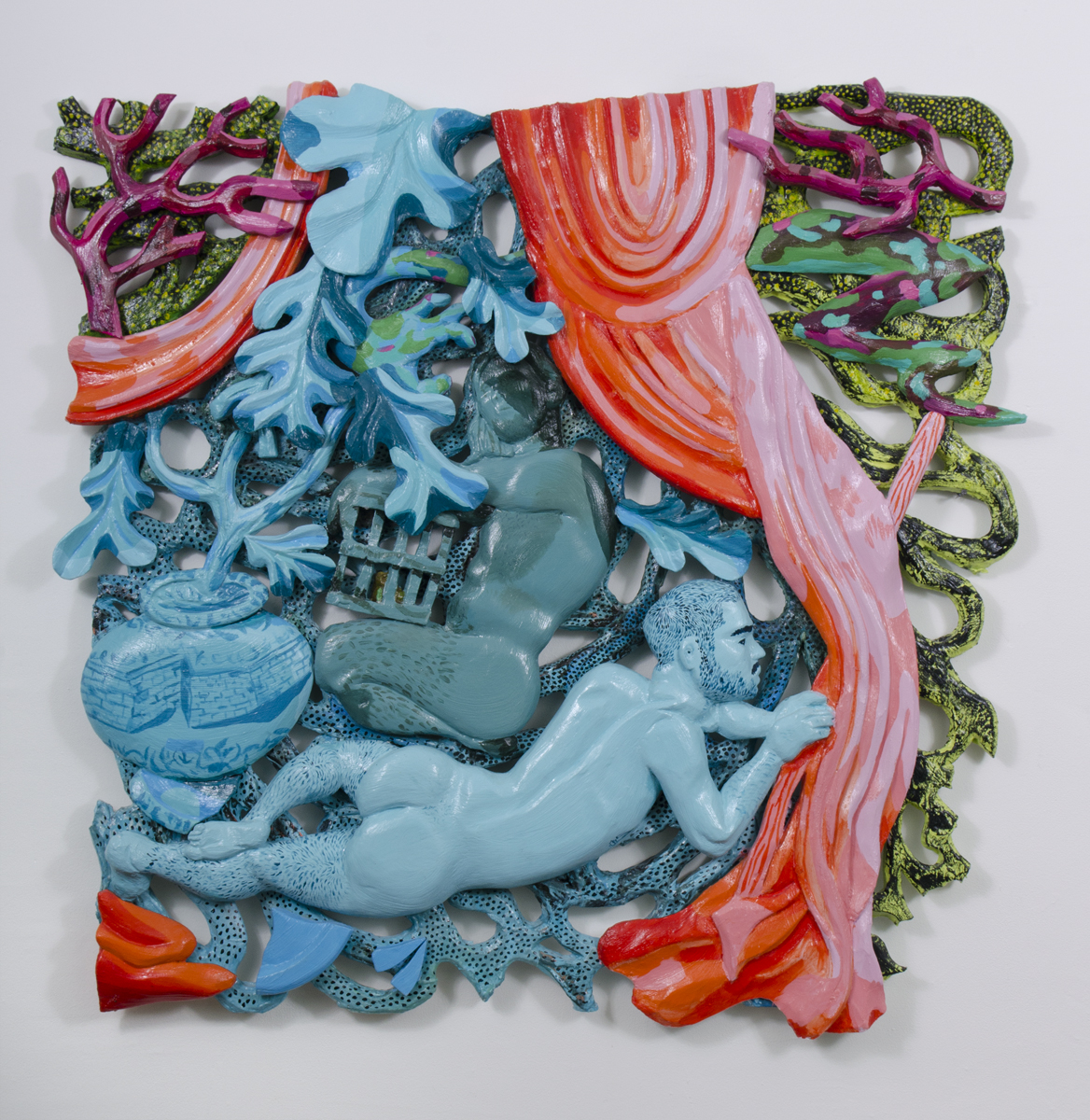 Canaries foam, plaster, fiberglass, gel media 49 x 50 x 4" 2016