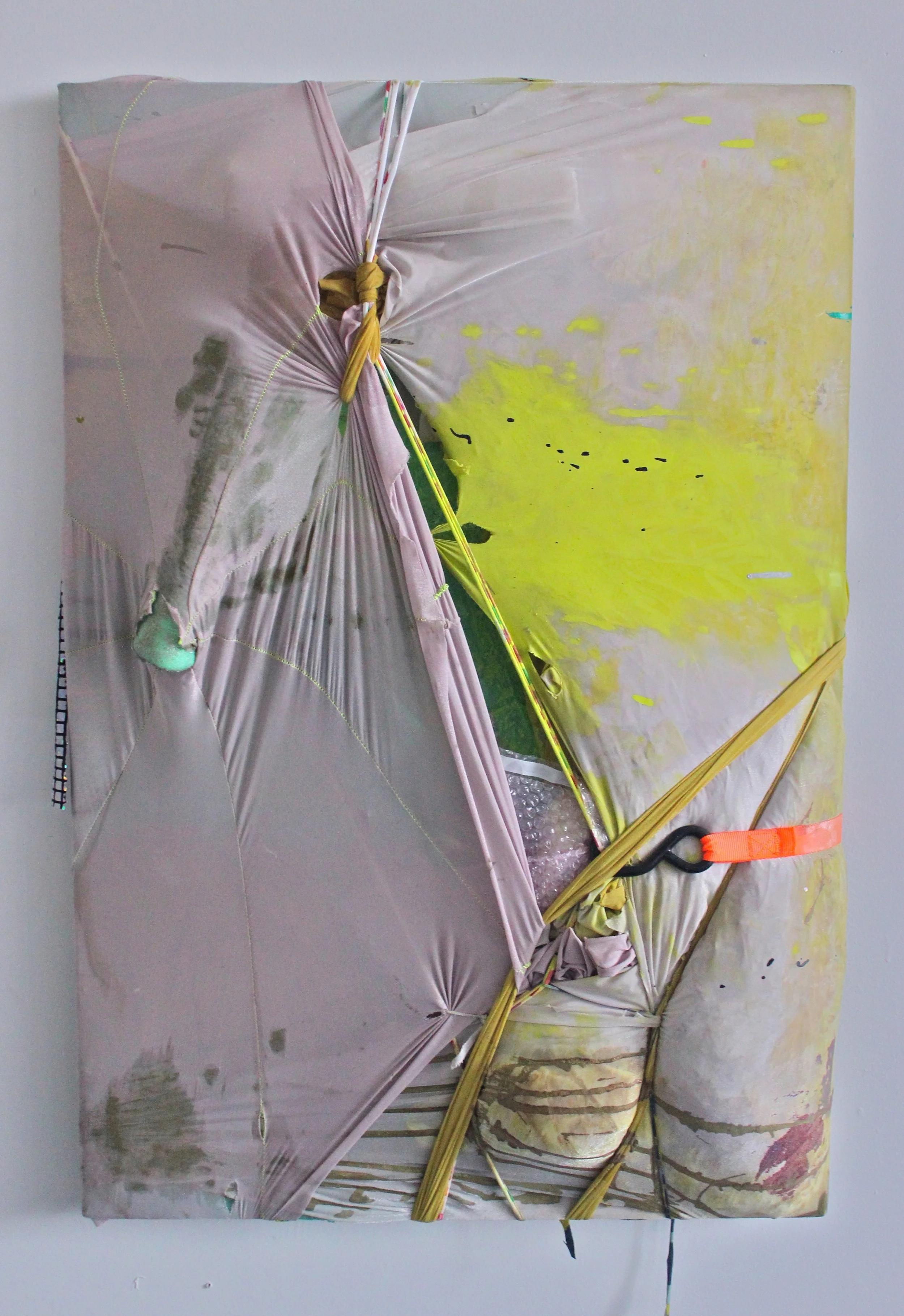 Rawwwd from The Pregnant Paintings series spandex, neoprene, dye, oil paint, polymers, plastic glove, bungee cord, ratchets, hooks, rope 30 x 42 x 6 2013