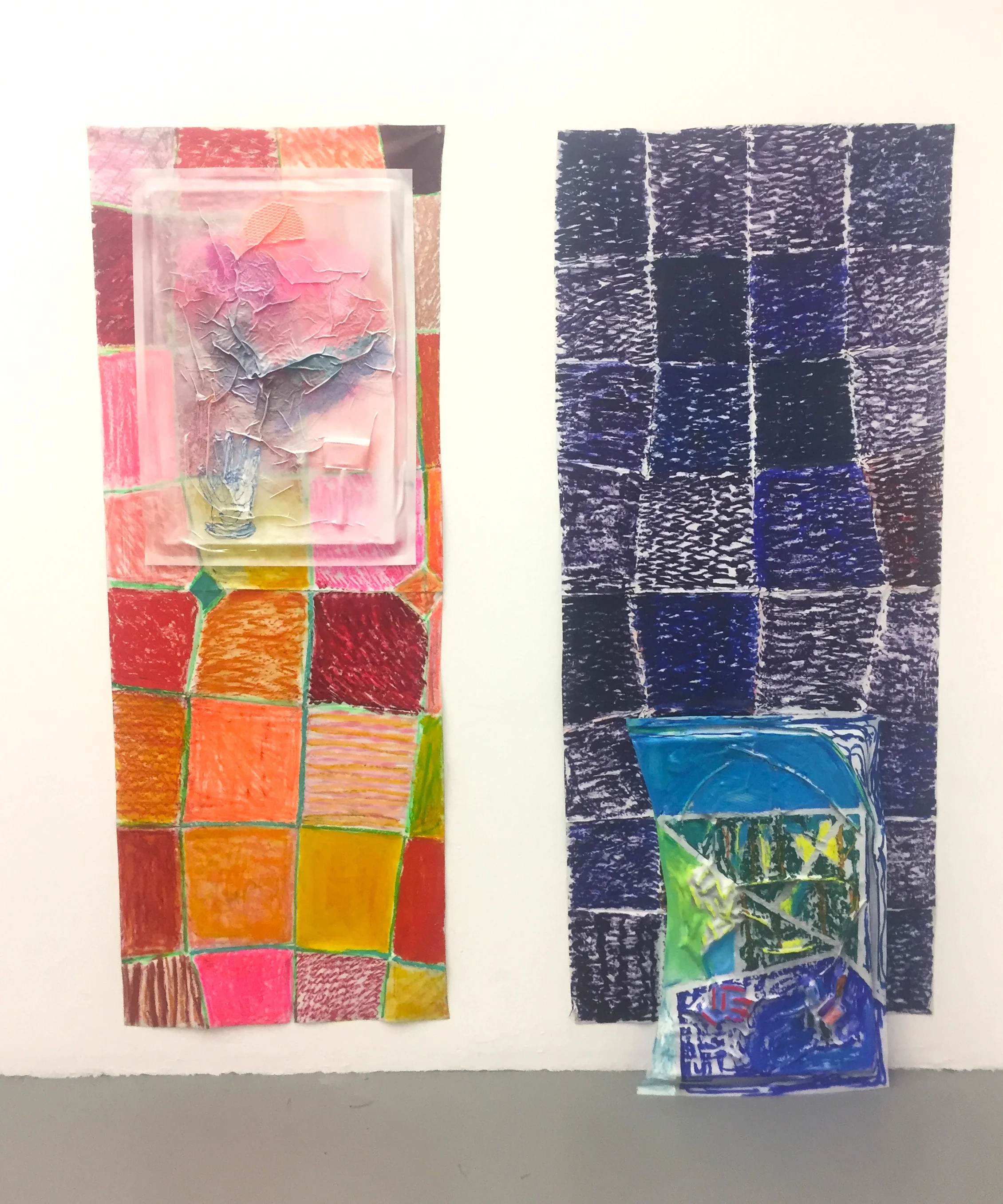Two Untitled Grids with Painted Vacuum Forms oil stick on blackout cloth 24 x 69 inches each spray paint, oil stick and nail polish on plastic vacuum forms 22 x 30 inches each 2017