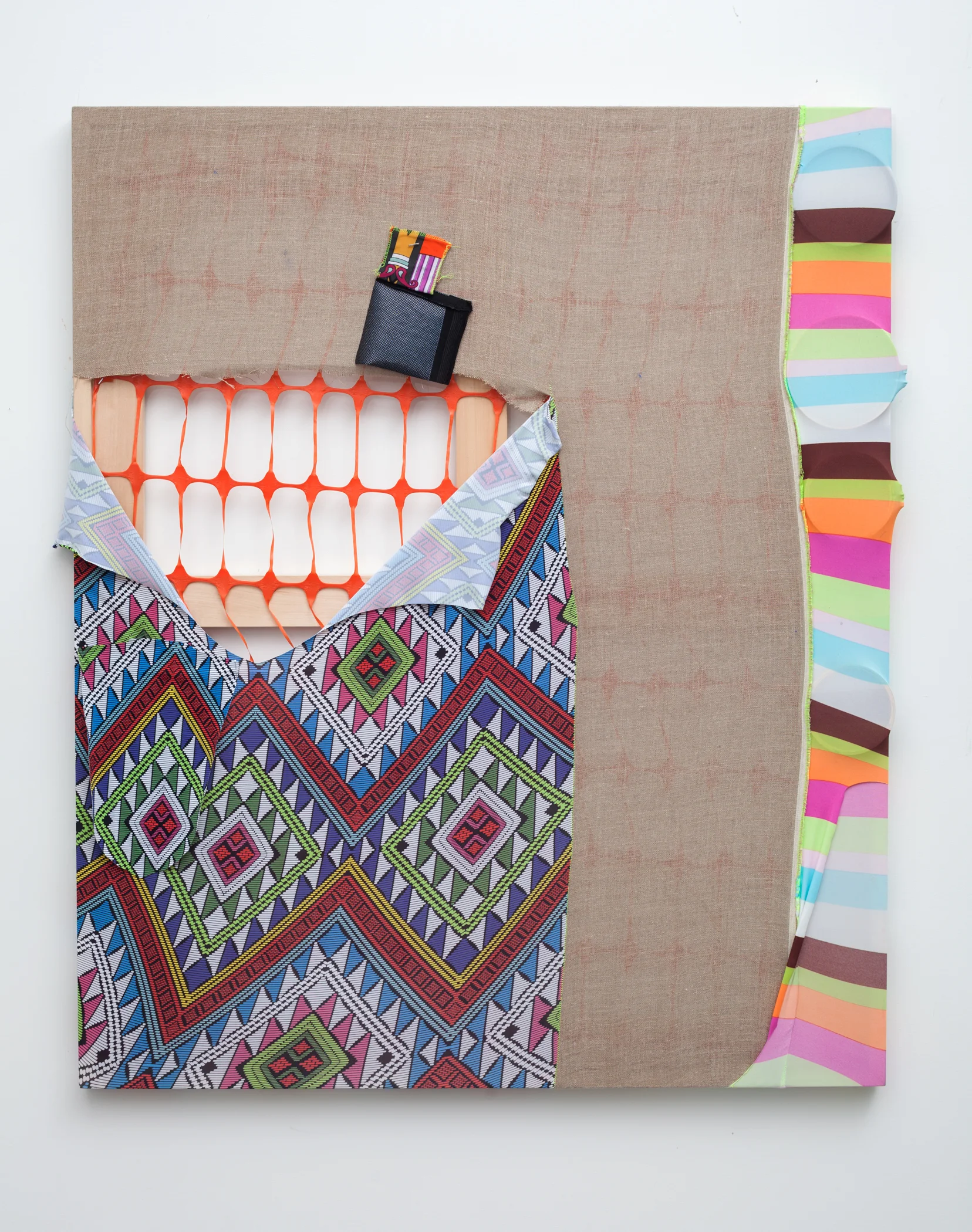 1 V-Neck linen, spandex, thread, embroidery rings and high visibility construction fencing on wood frame 39 x 47 inches 2016 Photo by Maggie Shannon